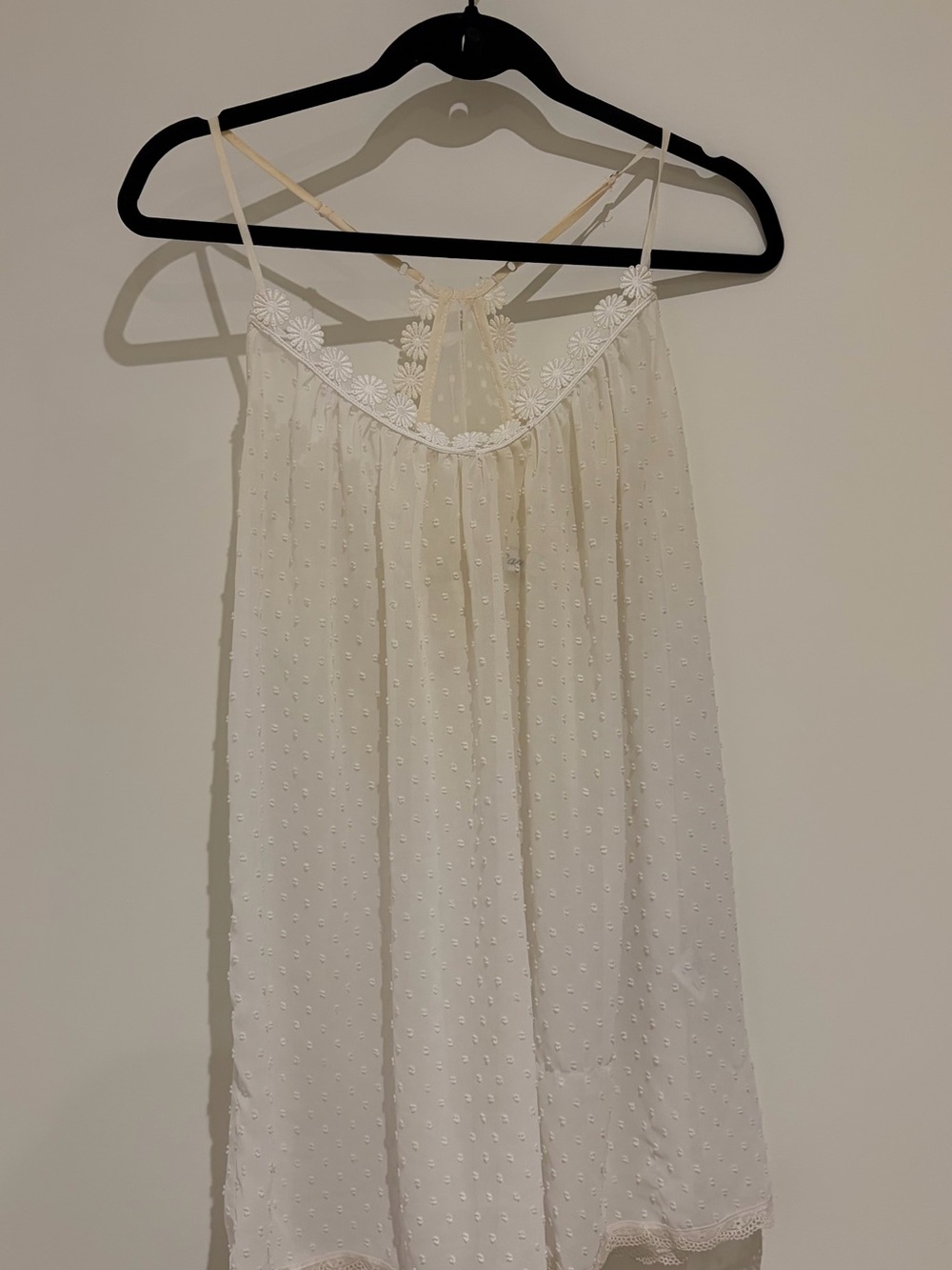 Cream Swiss-Dot Spaghetti-Strap Nightdress with Floral Lace